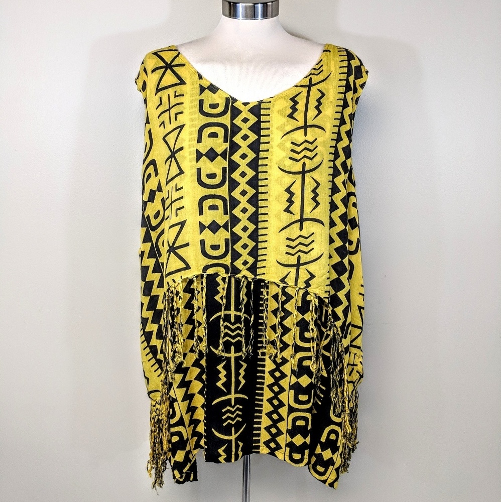 Vintage Aztec Print Tan-Chho Fringe Festival Tunic Tank Top